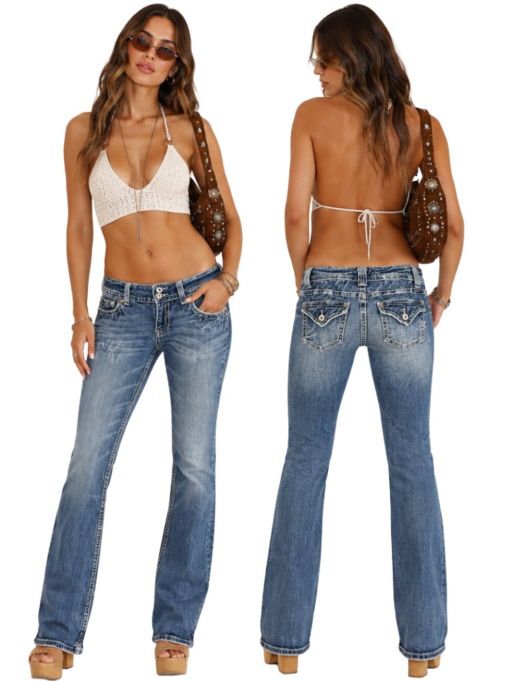 Y2K Miss Me Low Rise Bootcut Denim Jeans Women's 28 Rodeo Flap Pockets Festival